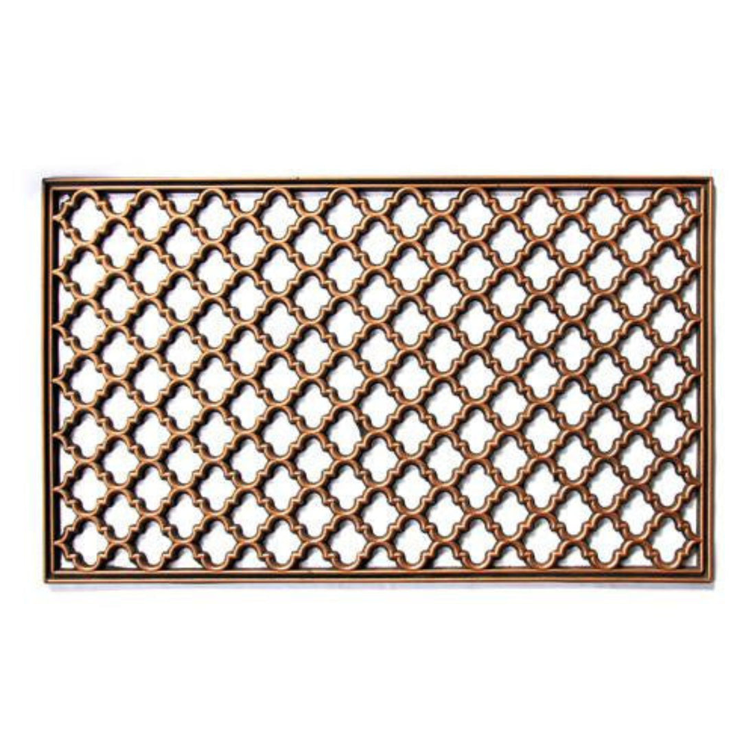 A rectangular, golden-colored rubber floor mat with an intricate geometric pattern.