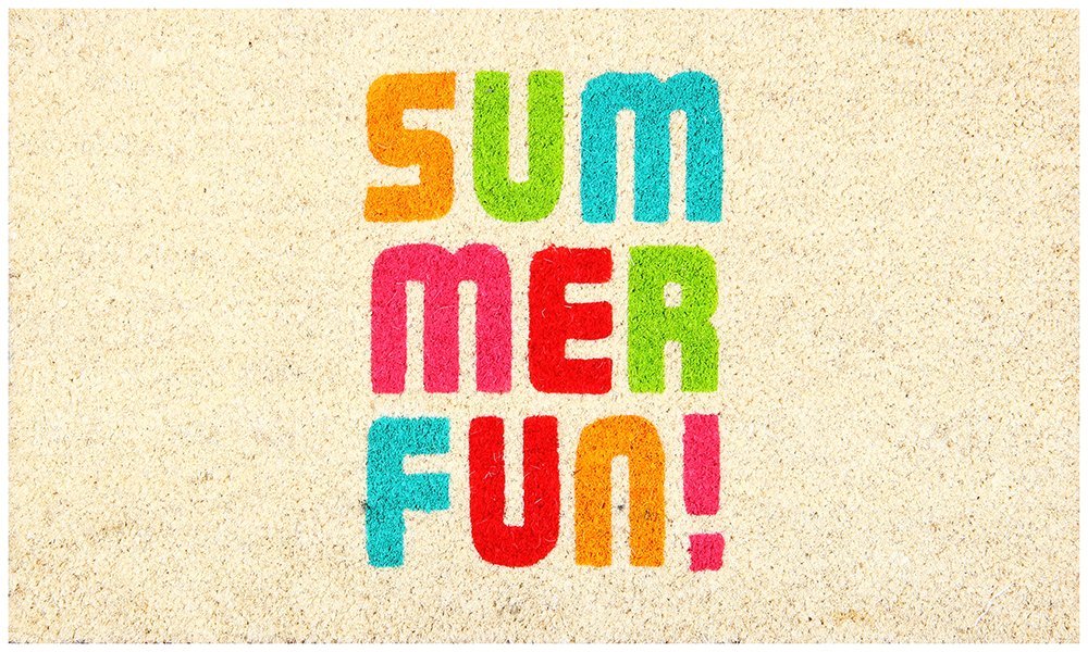 Rectangular coir doormat with the text 'Summer Fun!' printed in colourful letters.