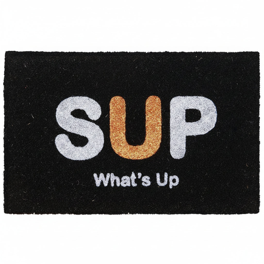 Black "SUP What's Up" Printed Natural Coir Door mat - OnlyMat