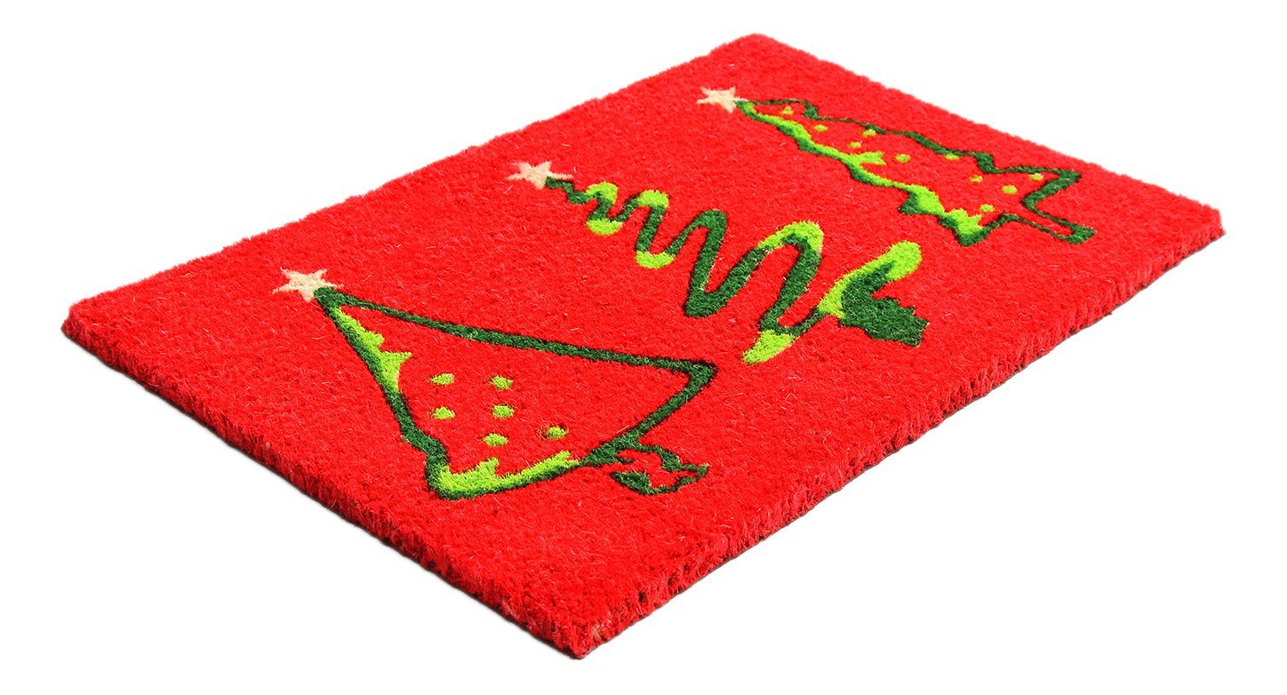 Stylish Christmas Xmas Tree Printed Red Color Natural Coir Floor Mat - OnlyMat
