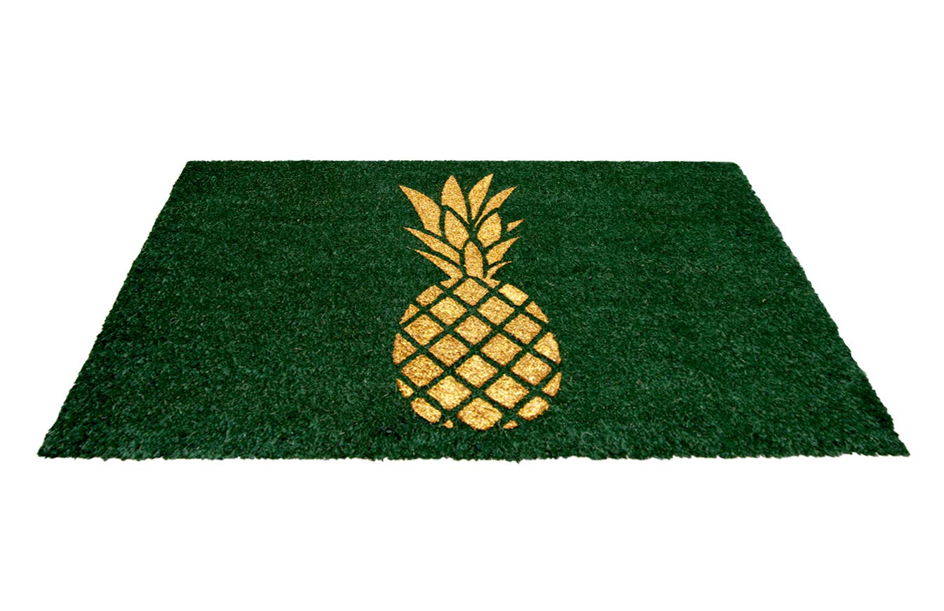 Stylish Golden Glitter Pineapple printed Green Natural Coir Floor Mat - OnlyMat