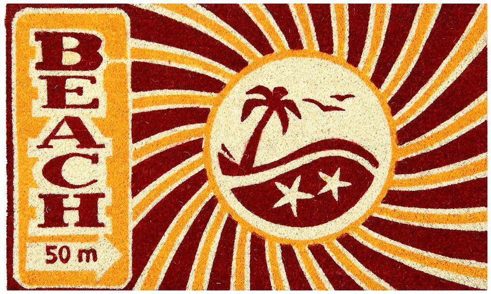 Rectangular coir doormat with a printed design featuring the text 'BEACH' and an illustration of a sun, palm trees, and waves, with the dimensions' '50 cm' indicated.