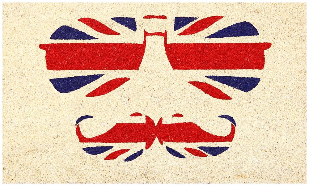 Rectangular coir doormat with a Union Jack design featuring sunglasses and a moustache.