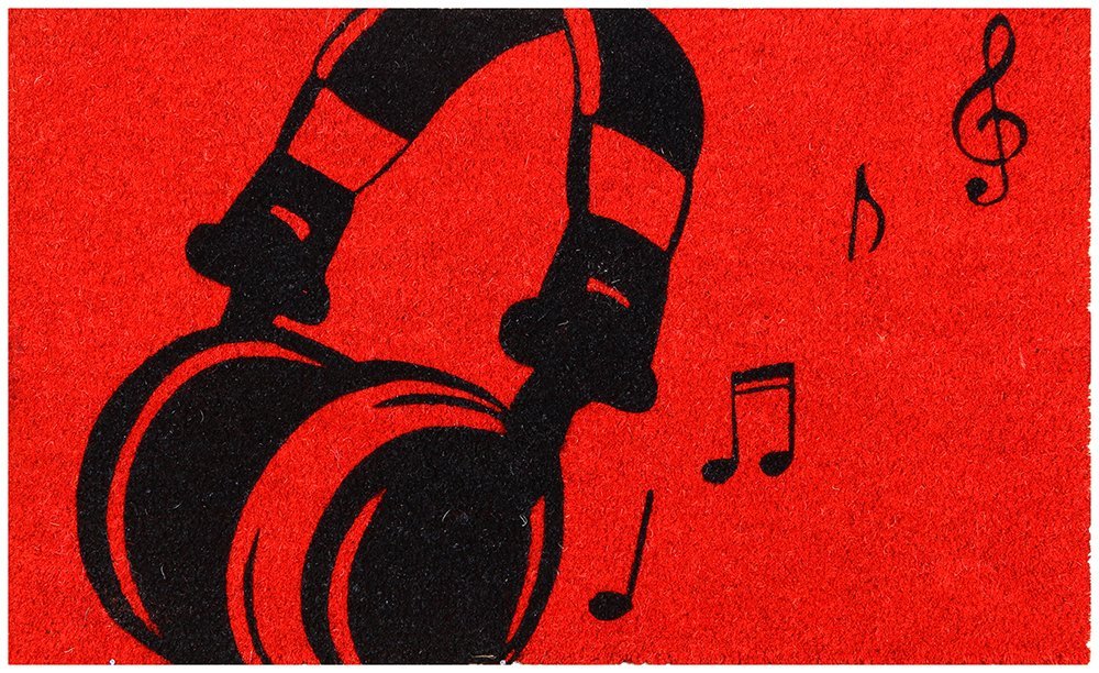 Stylish Headphone printed Red Colour Natural Coir Floor Mat for Music Lovers - OnlyMat