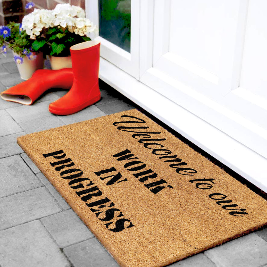 Funny "Welcome to Our Work in Progress" Printed Natural Coir Floor Mat - OnlyMat