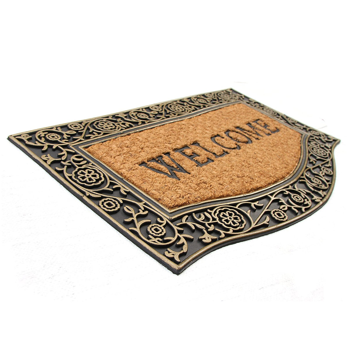 "Welcome" Printed Natural Coir Entrance Mat with Golden Colour Border - OnlyMat