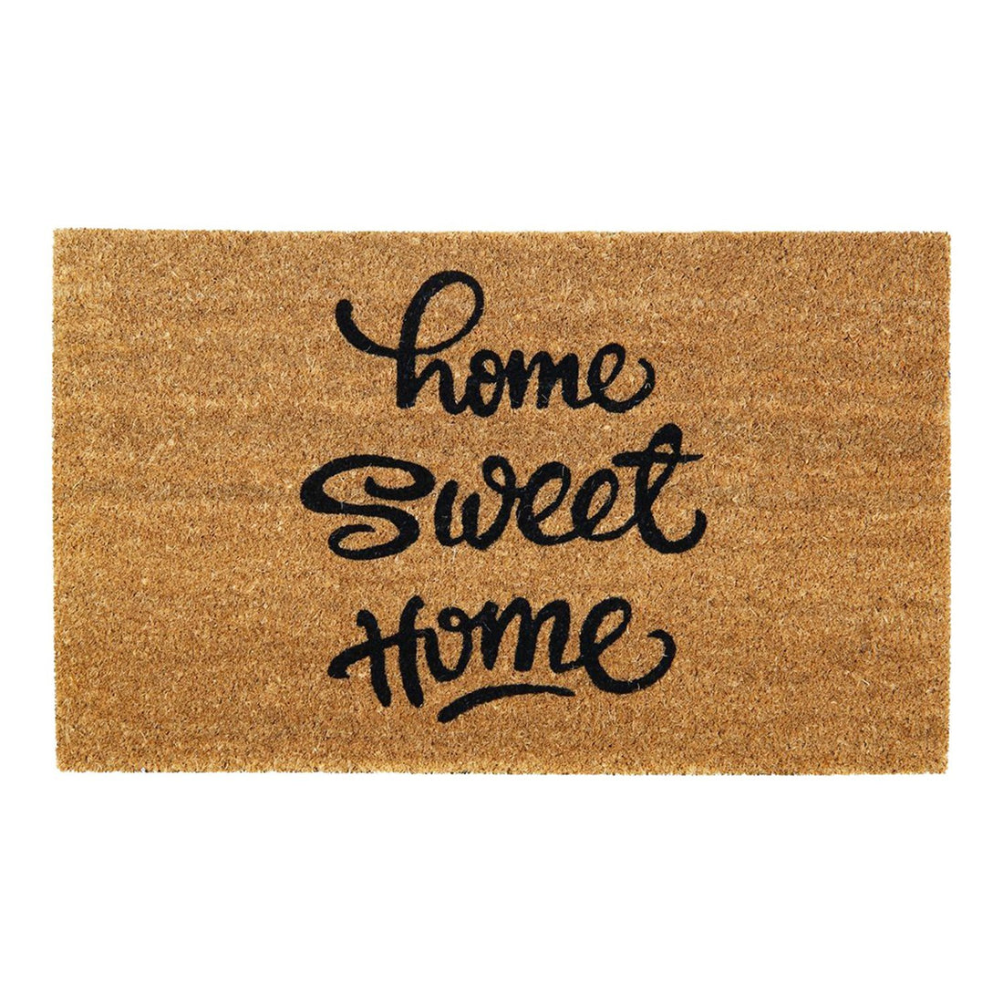 A rectangular beige coir door mat with the text 'Home Sweet Home' printed in black.