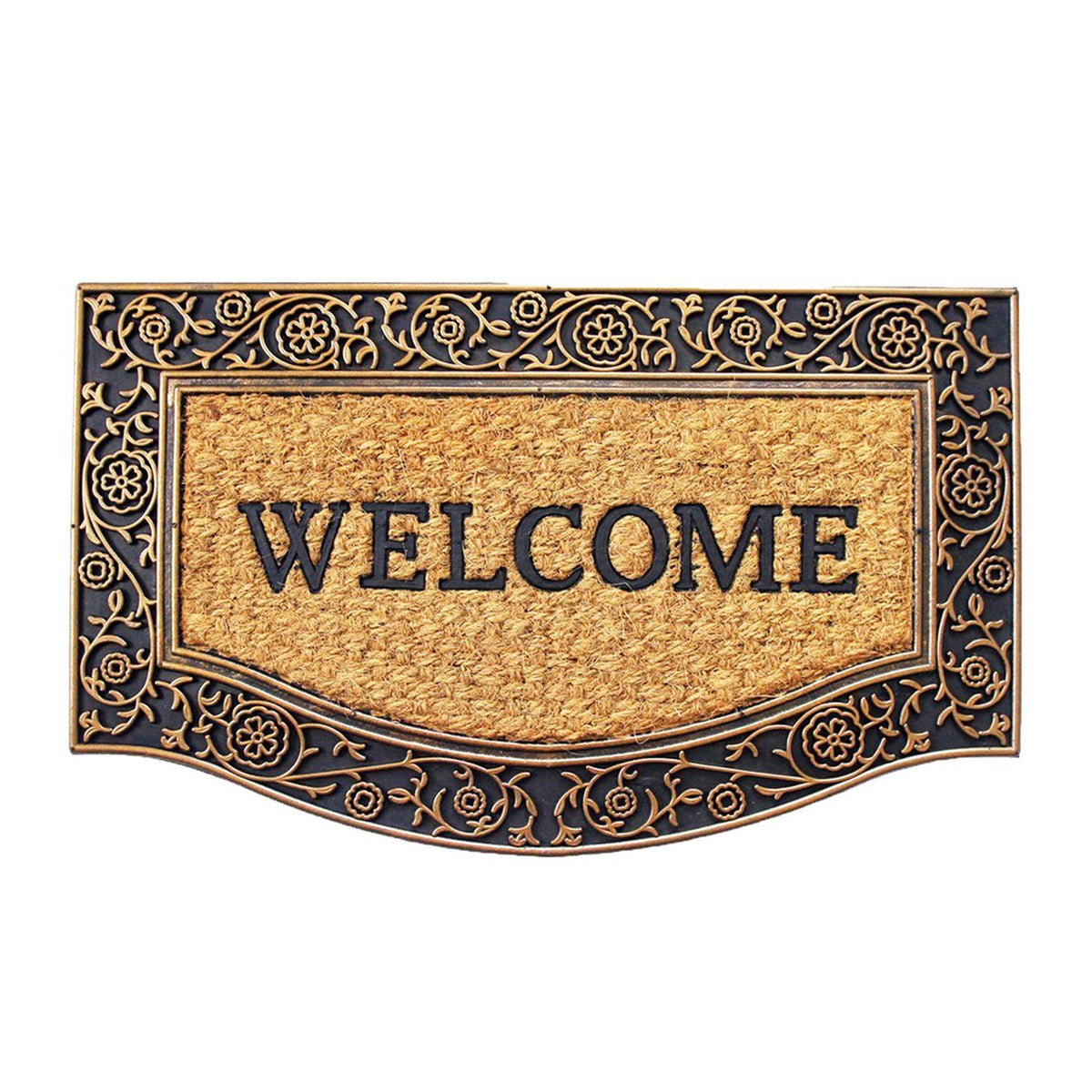 "Welcome" Printed Natural Coir Entrance Mat with Golden Colour Border - OnlyMat