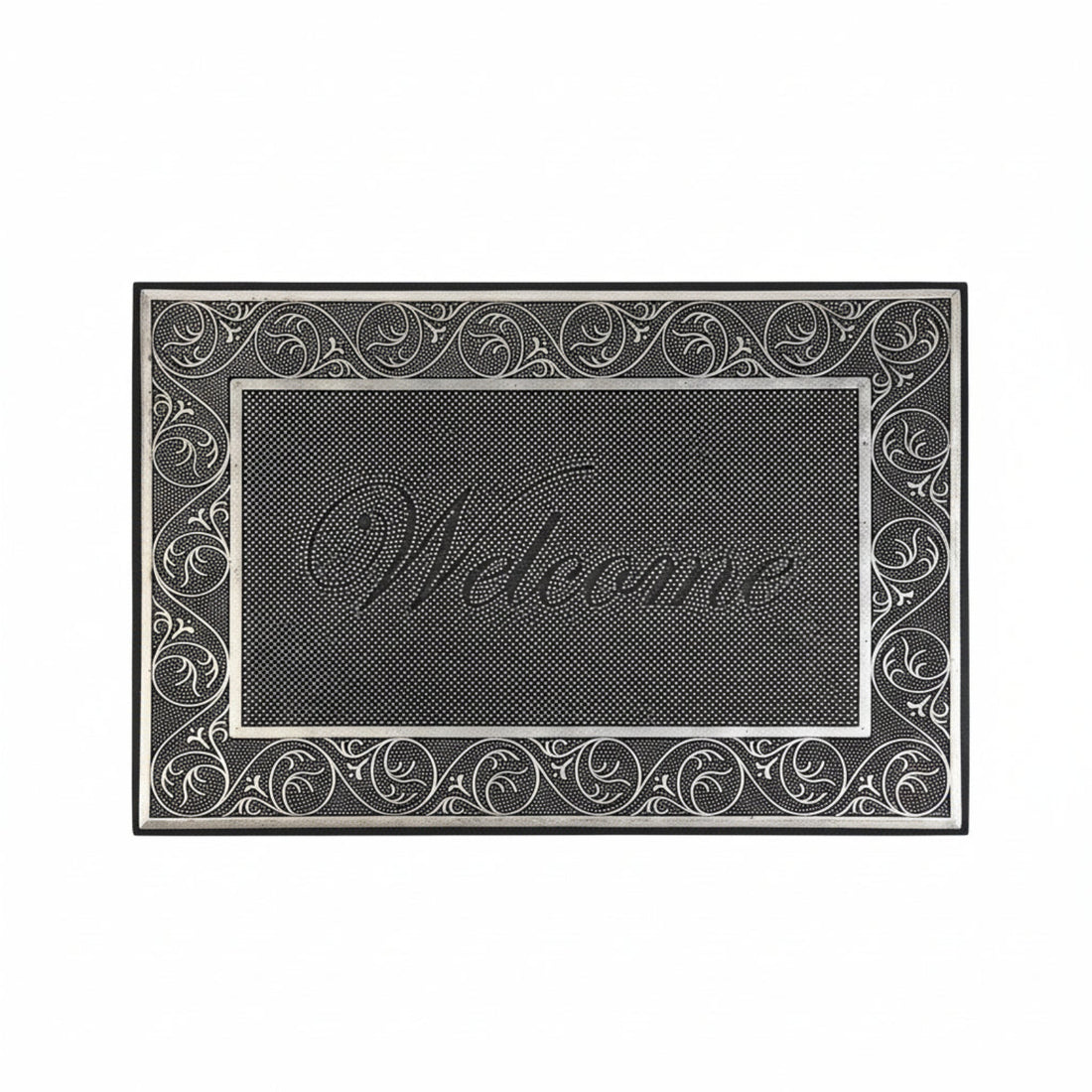 A black rectangular rubber doormat with a floral and acupressure point design and the word 'WELCOME' printed in large letters.