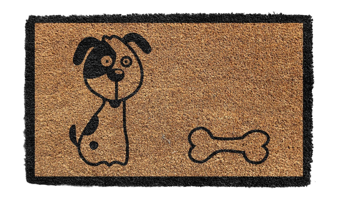 Rectangular natural coir doormat with a printed design featuring a dog and a bone.