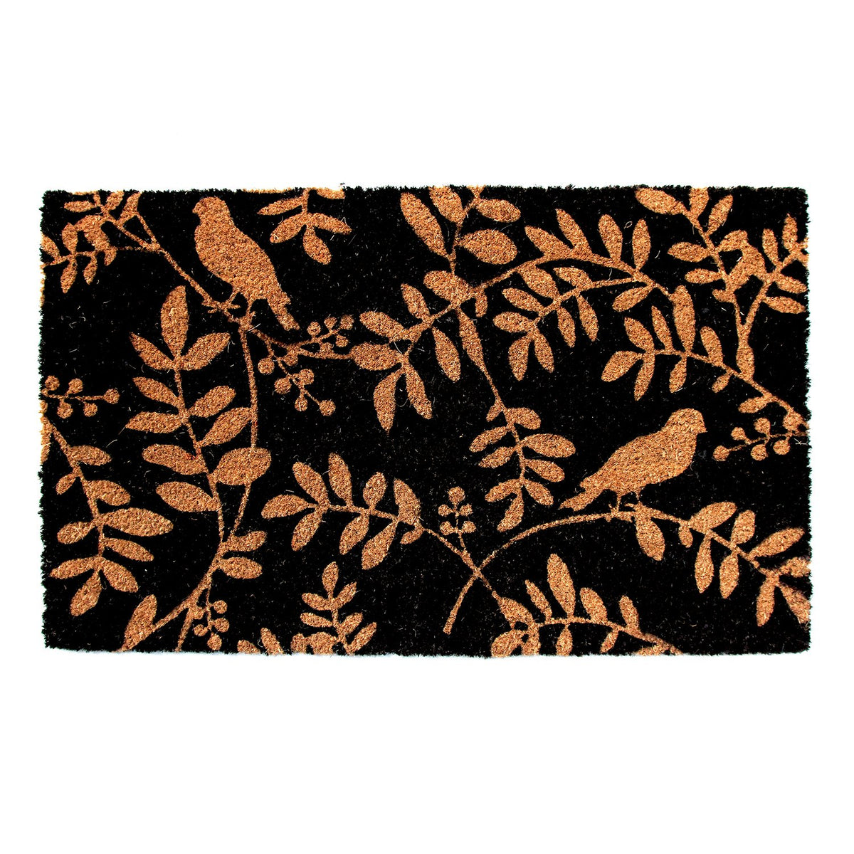 Bird and Leaf Printed Natural Coir Black Doormat - OnlyMat