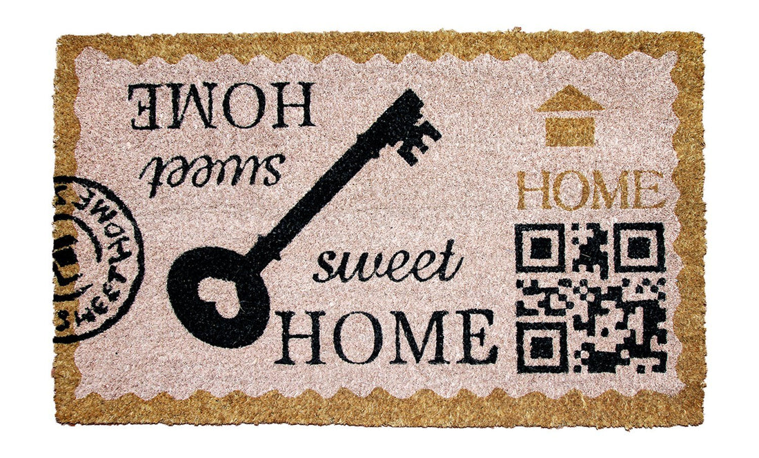 Rectangular coir doormat with a printed design that includes the text 'HOME', a keyboard, and a QR code, has a coconut fibre surface, and an anti-slip backing.