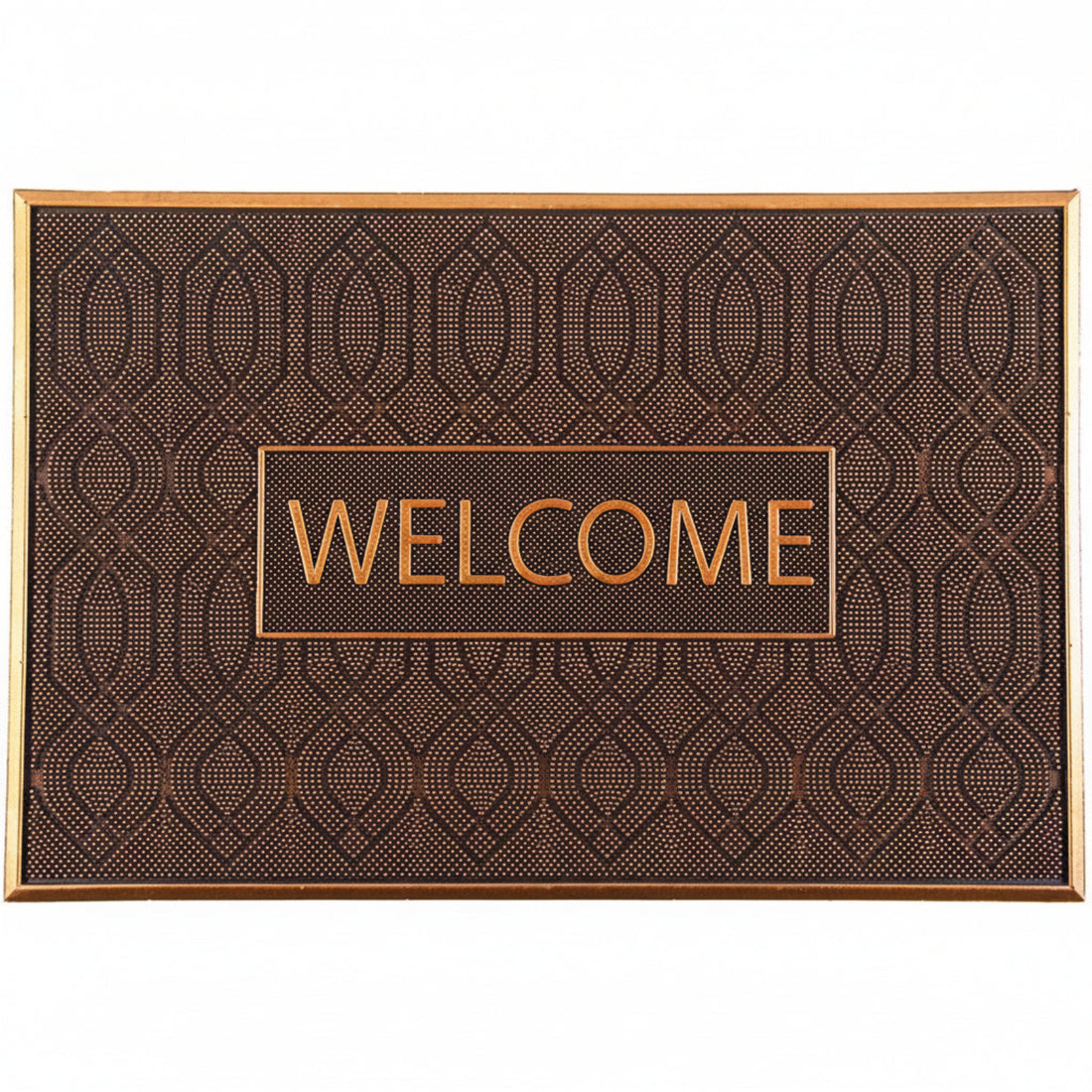 
                      
                        A brown rectangular rubber door mat with a geometric pattern and the word 'WELCOME' in bold letters.
                      
                    