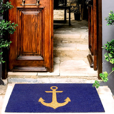 Elegant Golden Glitter Ship Anchor Printed Blue Natural Coir Floor Mat - OnlyMat