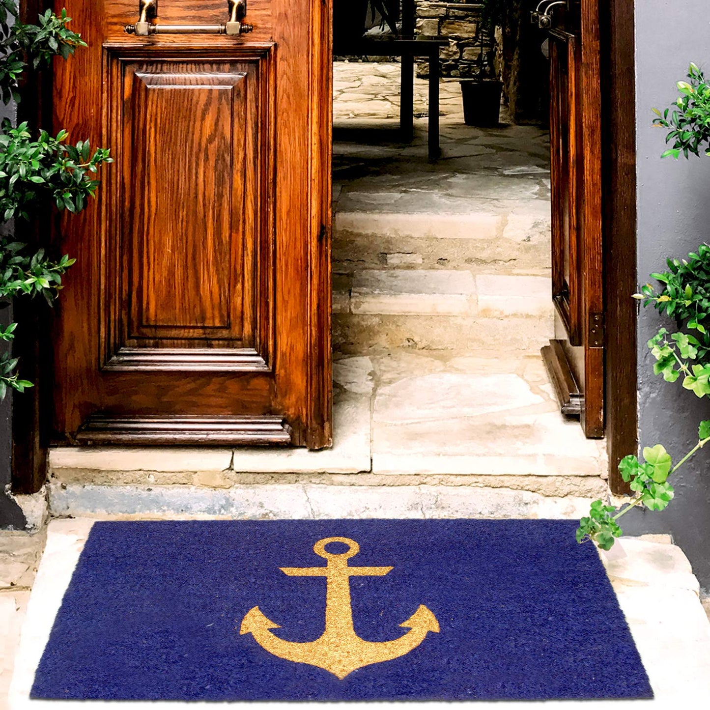 Elegant Golden Glitter Ship Anchor Printed Blue Natural Coir Floor Mat - OnlyMat