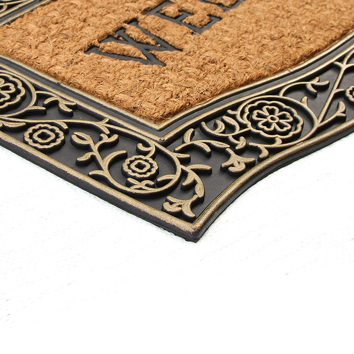 "Welcome" Printed Natural Coir Entrance Mat with Golden Colour Border - OnlyMat