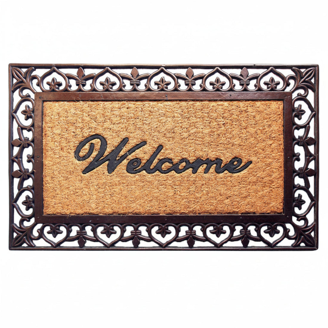 Doormat with decorative brown frame and 'Welcome' text on a white background