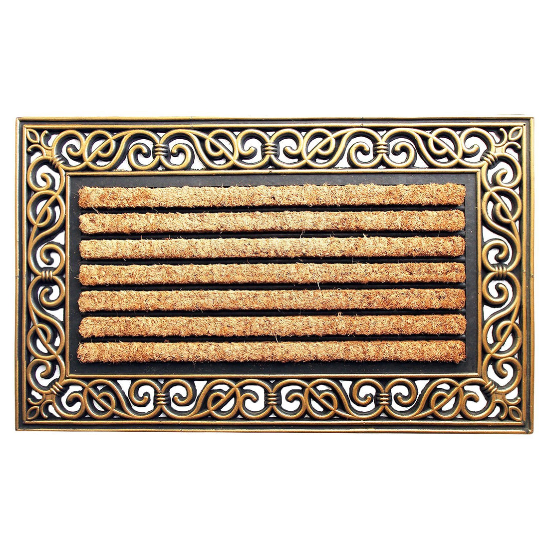 
                      
                        A rectangular natural rubber and coir doormat with a golden colour metallic finish and decorative border, predominantly brown and black.
                      
                    