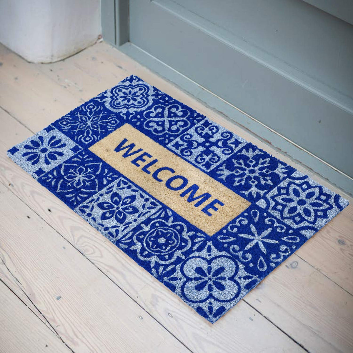 Welcome Printed Blue Colour Natural Coir Entrance Door Mat - OnlyMat