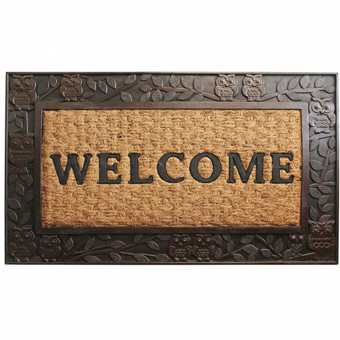 A rectangular doormat with an owl and leaf design, primarily in brown colour, with the word 'WELCOME' prominently displayed in bold letters.