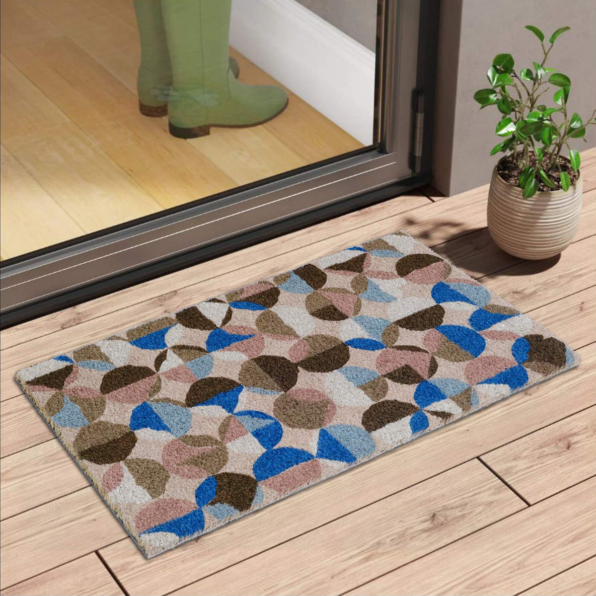 Multi Colour with Blue and Brown Design Printed Natural Coir Door Mat - OnlyMat