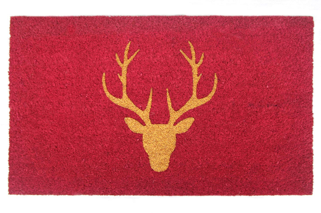 
                      
                        Stylish Glittering Golden Reindeer Head Printed Red Natural Coir Floor Mat - OnlyMat
                      
                    