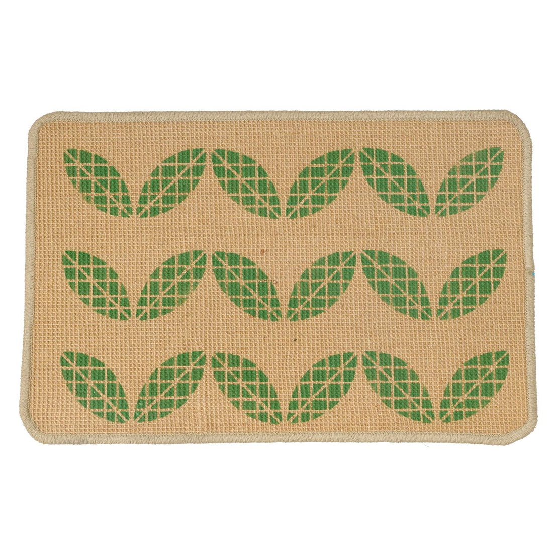
                      
                        A rectangular natural jute floor mat with a green leaf pattern and a beige border.
                      
                    