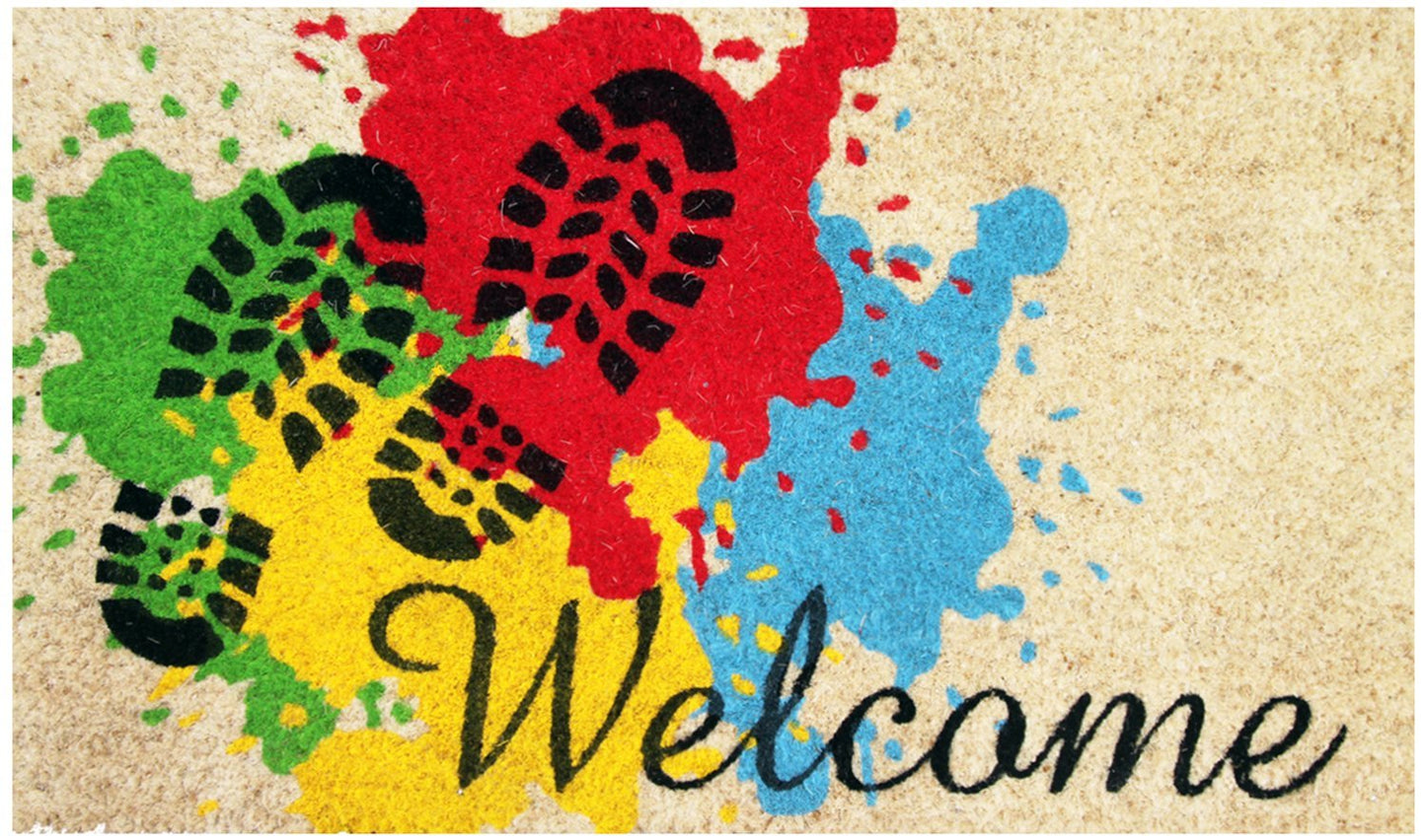Colourful Holi Special "Welcome FESTIVAL " and Shoe Mark Printed Natural Coir Door Mat - OnlyMat