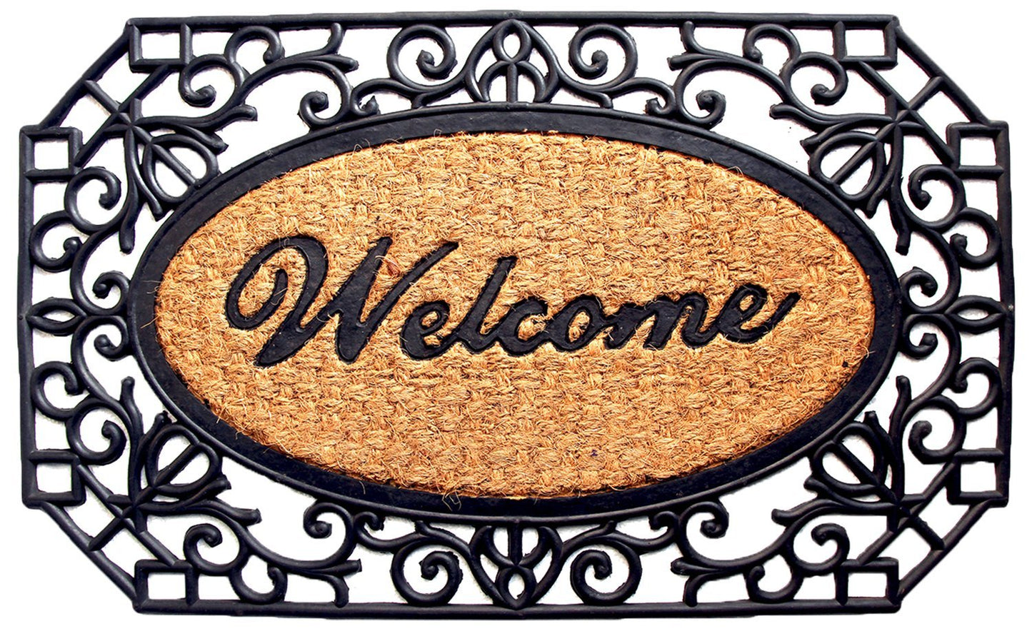 Elegant Oval Shaped "Welcome" Printed Natural Coir Mat With Large Black Moulded Rubber Border - OnlyMat