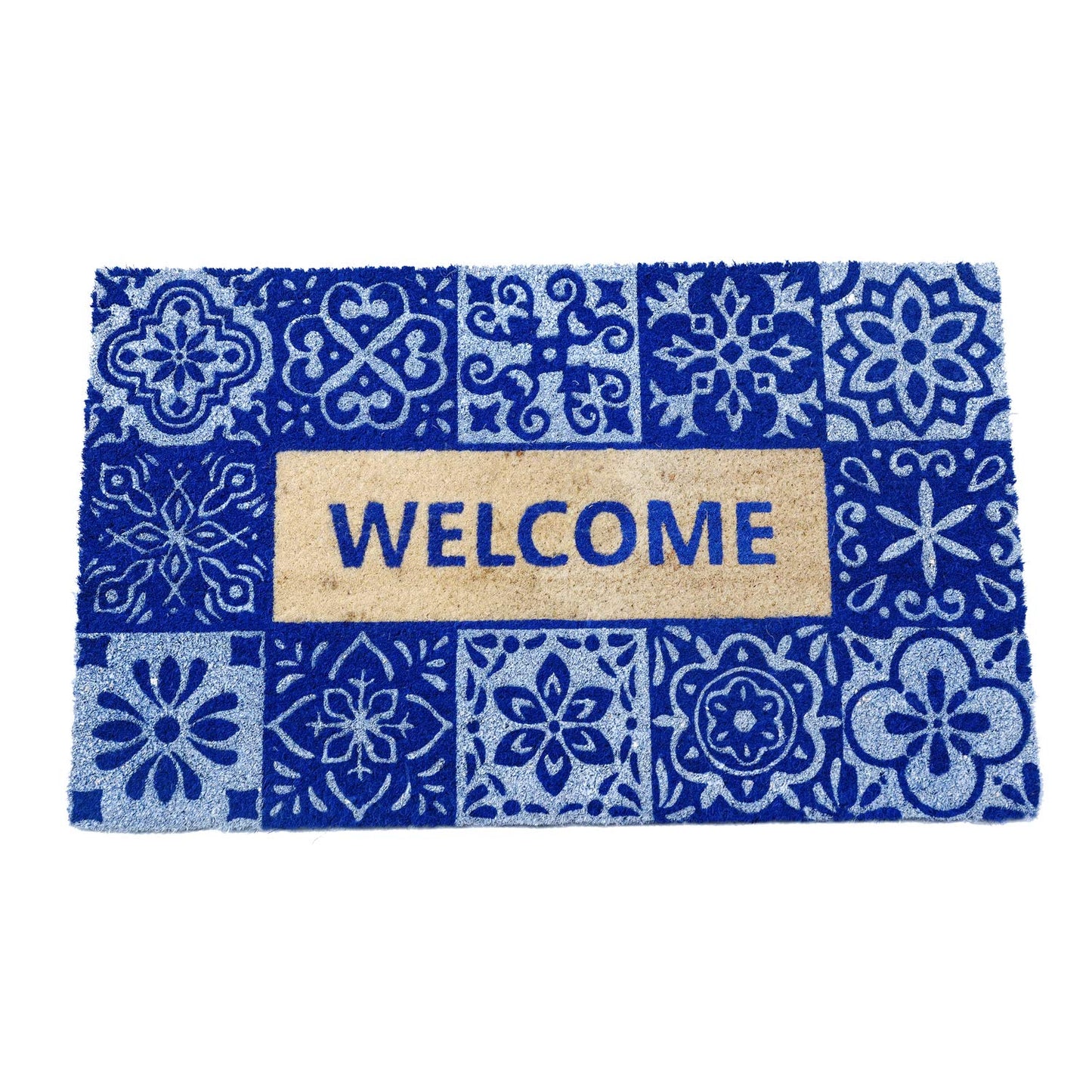 Welcome Printed Blue Colour Natural Coir Entrance Door Mat - OnlyMat