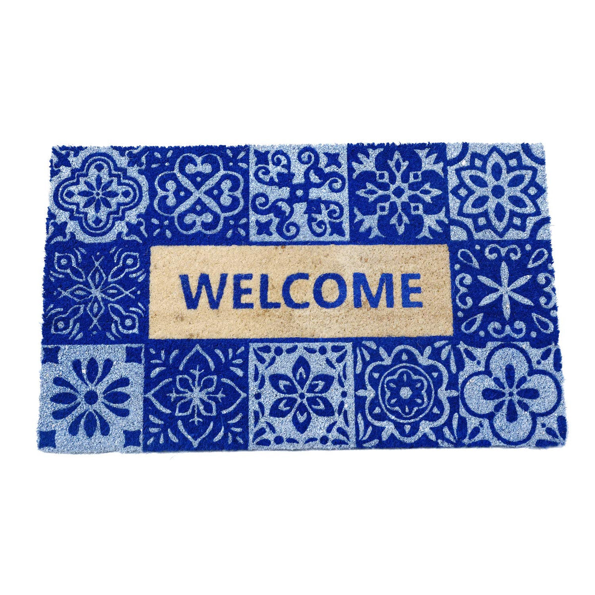 Welcome Printed Blue Colour Natural Coir Entrance Door Mat - OnlyMat