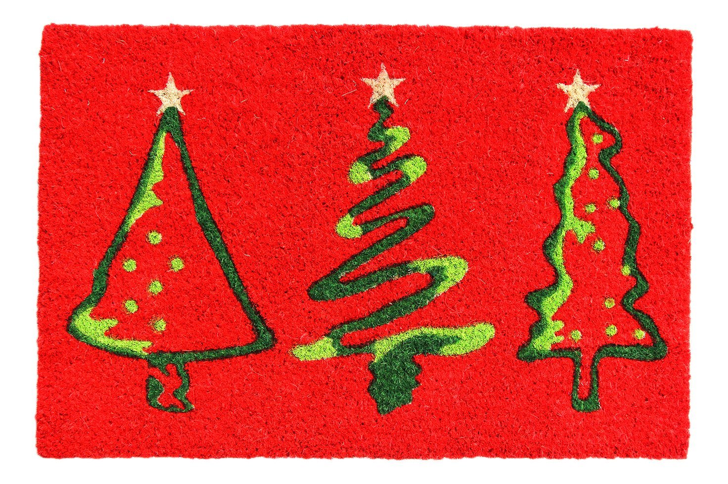 A red coir doormat with green Christmas trees and stars design, with a PVC backing.
