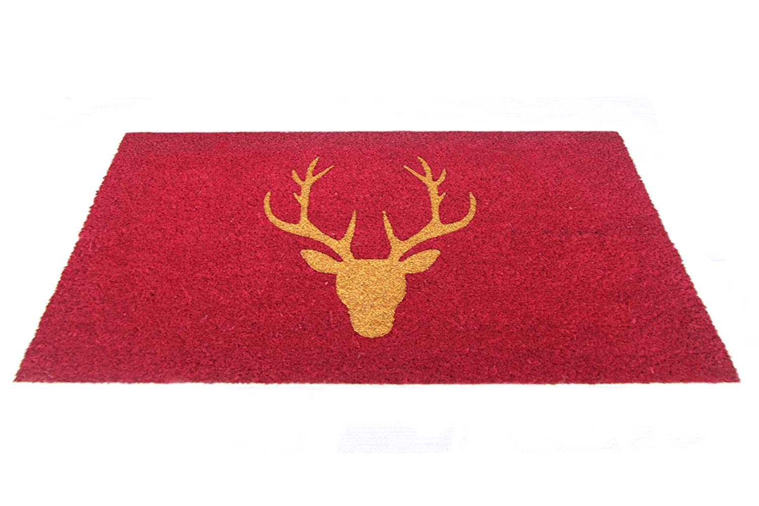 Stylish Glittering Golden Reindeer Head Printed Red Natural Coir Floor Mat - OnlyMat