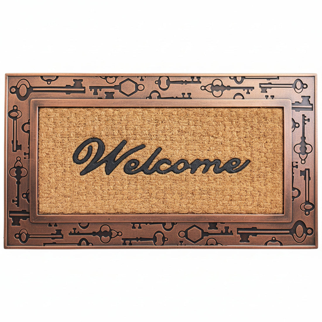 A rectangular brown doormat with black text that reads 'Welcome' and decorative design elements in the border.