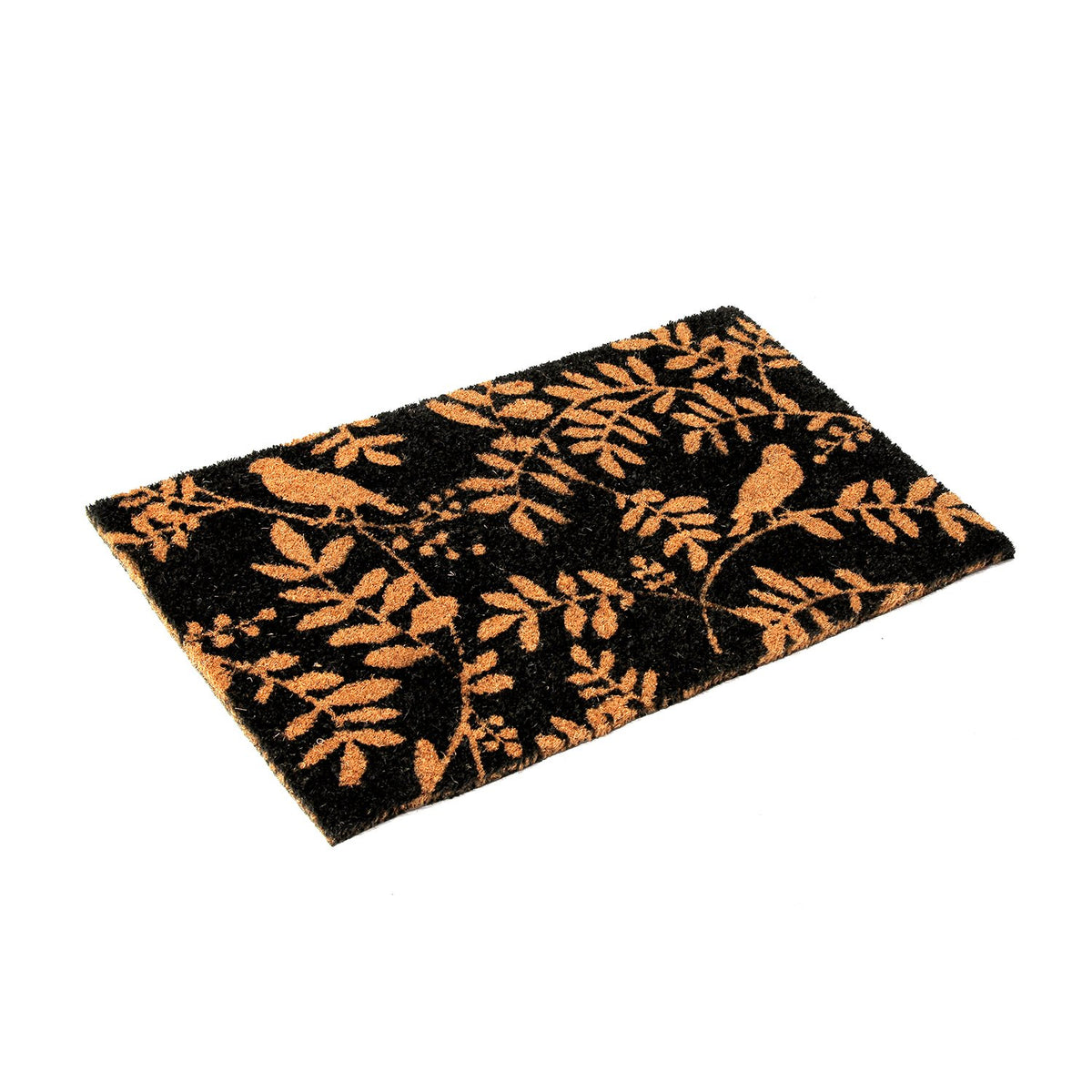 Bird and Leaf Printed Natural Coir Black Doormat - OnlyMat