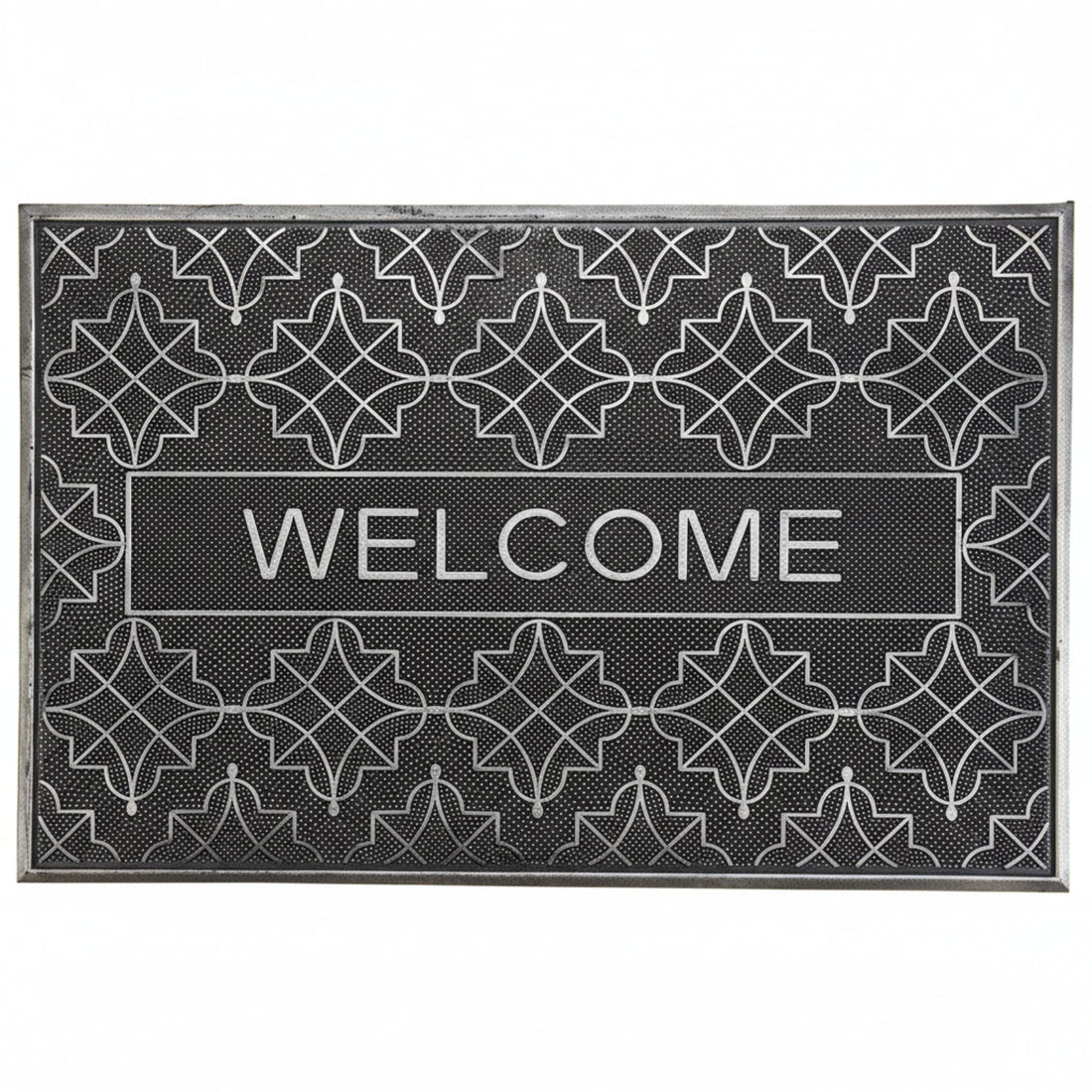 A rectangular, rubber doormat with a geometric pattern and the word 'WELCOME' prominently displayed.