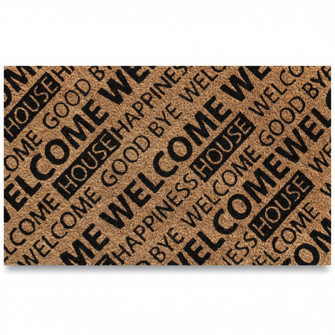 A rectangular natural coir doormat with black printed text that reads 'Welcome' in various fonts and styles.