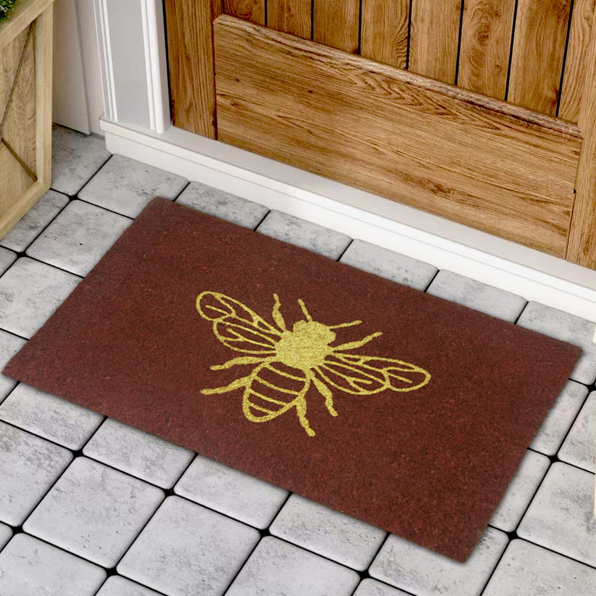 Stylish Golden Glittering Bee Printed Natural Coir Floor Mat - OnlyMat
