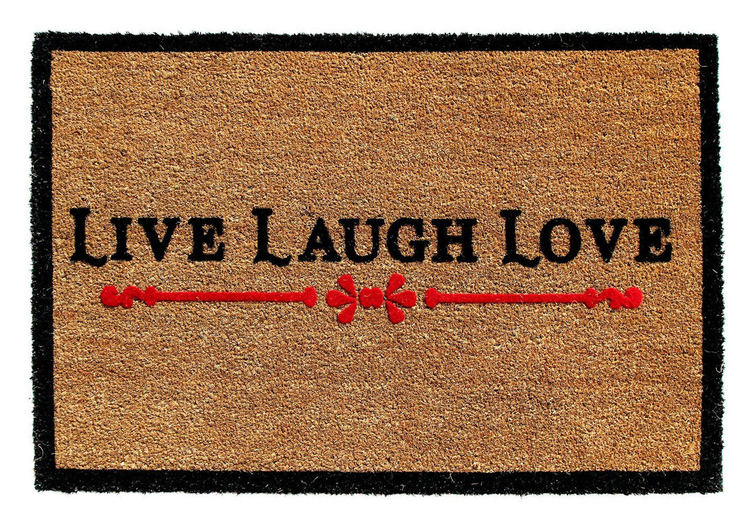 Rectangular natural coir floor mat with the text 'LIVE LAUGH LOVE' printed in a red and black design on a beige background.