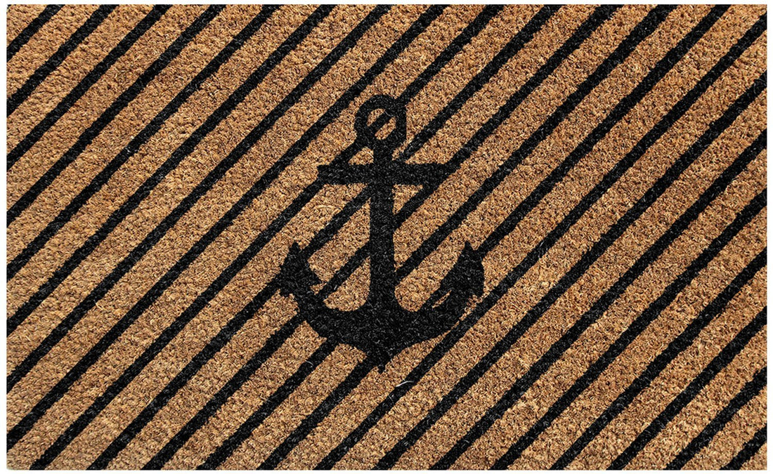 Elegant Black Ship Anchor Printed Striped Natural Coir Floor Mat - OnlyMat