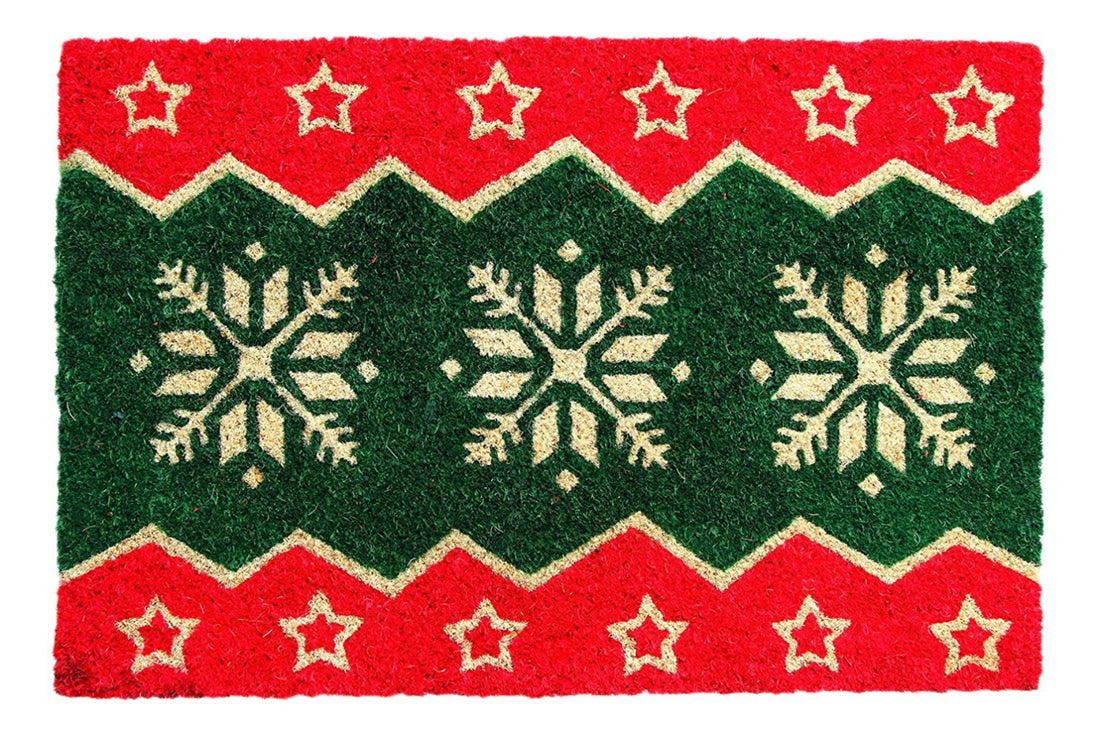 
                      
                        A rectangular doormat with a red and green Christmas theme design, featuring a pattern of snowflakes and stars.
                      
                    