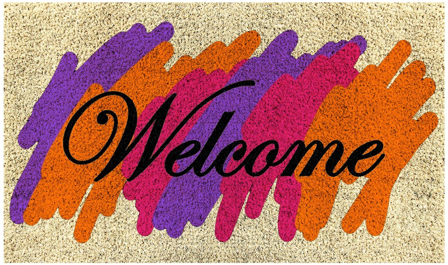 A multicoloured door mat with a 'Welcome' text design in a colourful, artistic style on a beige background.