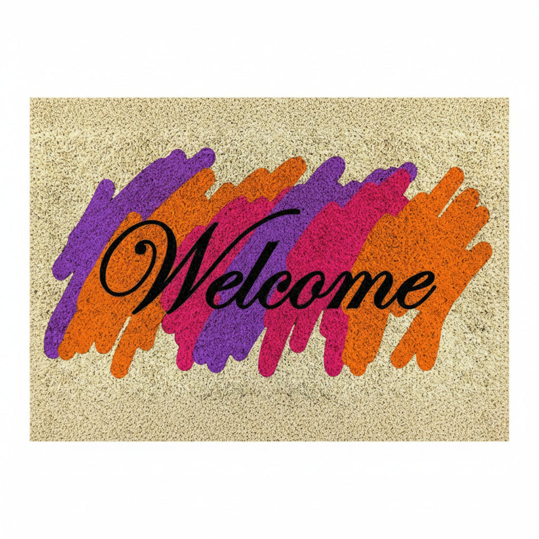 A multicoloured door mat with a 'Welcome' text design in a colourful, artistic style on a beige background.