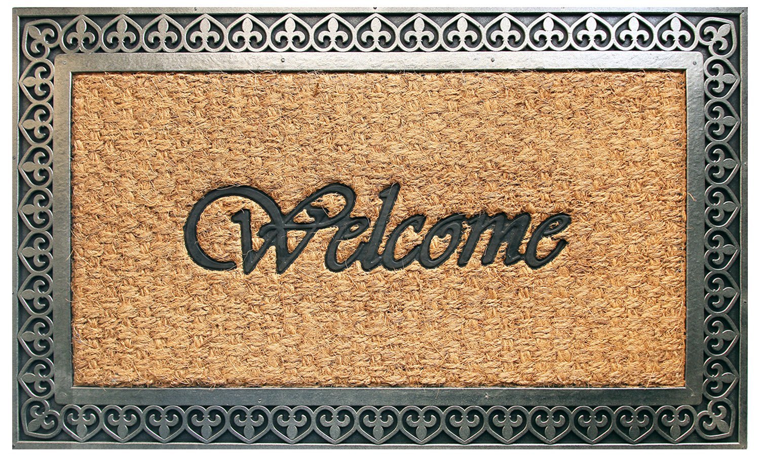 Elegant "Welcome" Printed Natural Coir Door Mat with Cast Iron Design Moulded Rubber Border - OnlyMat