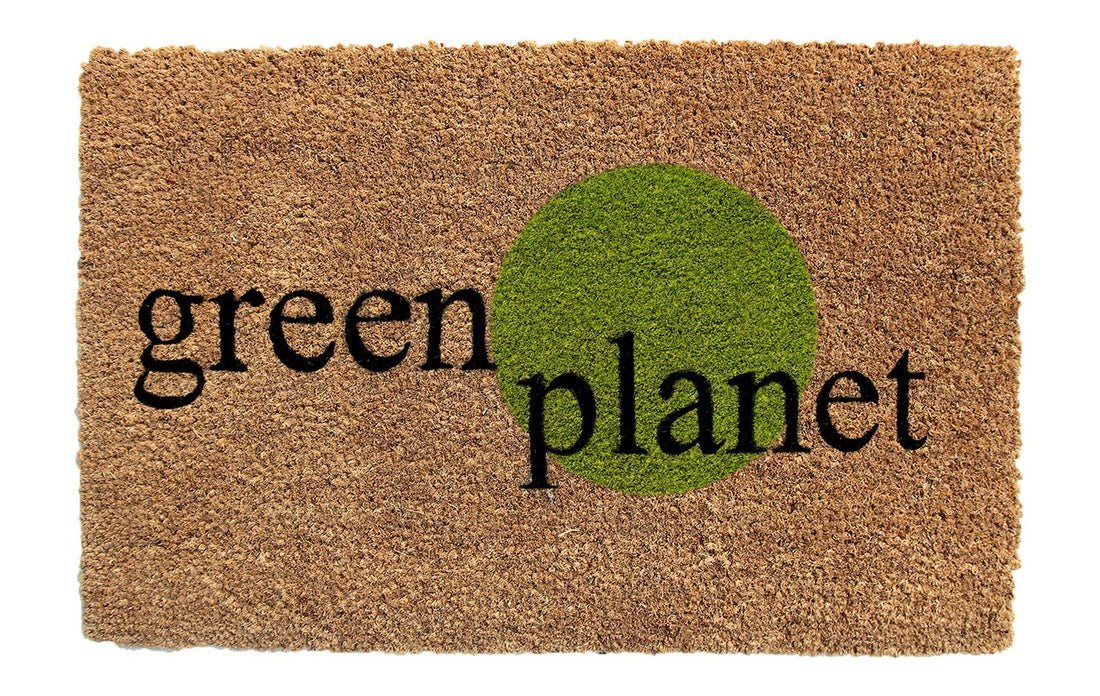 Rectangular coir doormat with the text 'Green Planet' and a green circle on the front.