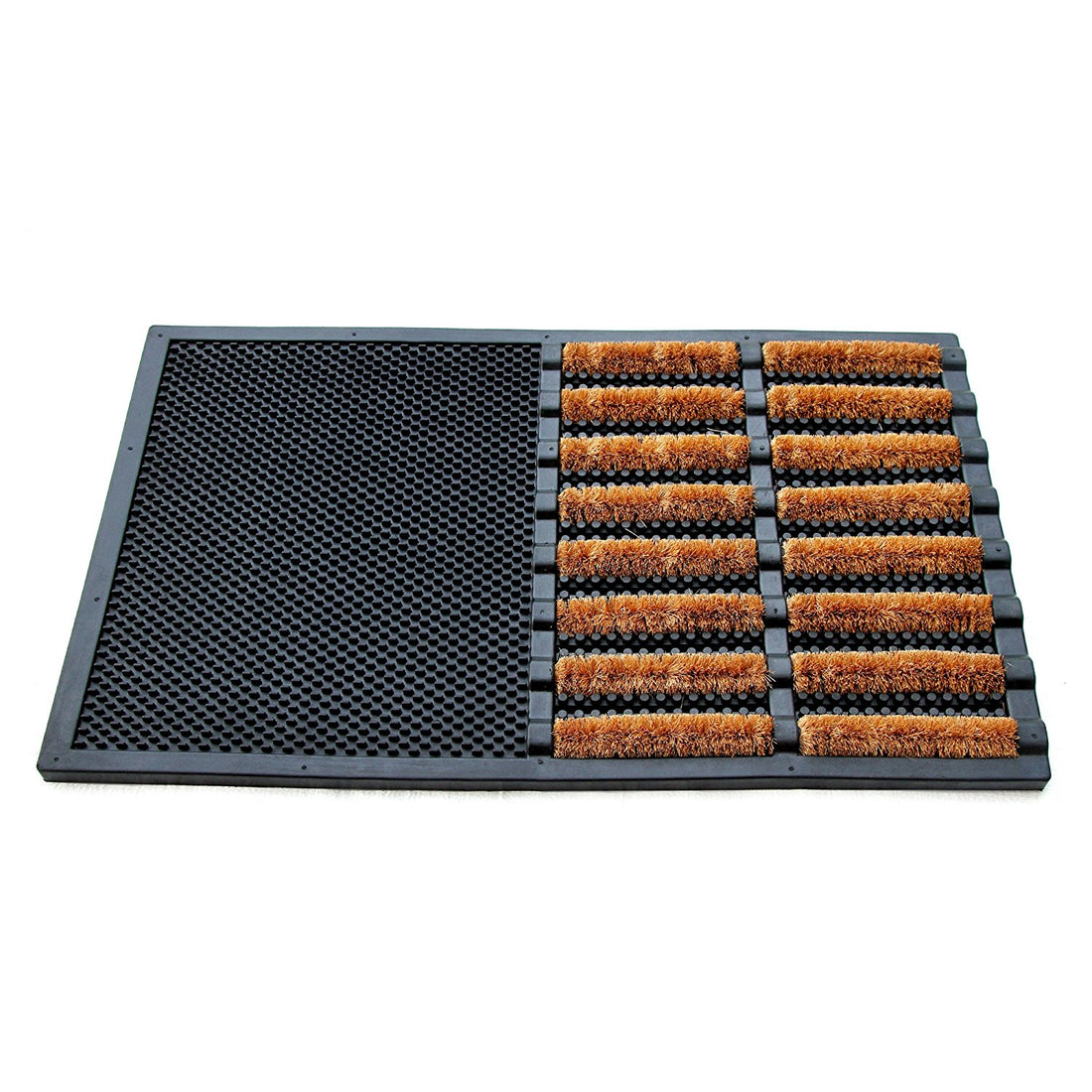 A black rectangular rubber doormat with a grid-like texture and a series of brown coir brushes laid out on it, designed for scraping dirt and debris.