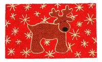 Christmas Theme - Reindeer Printed Red Natural Coir Floor Mat - OnlyMat