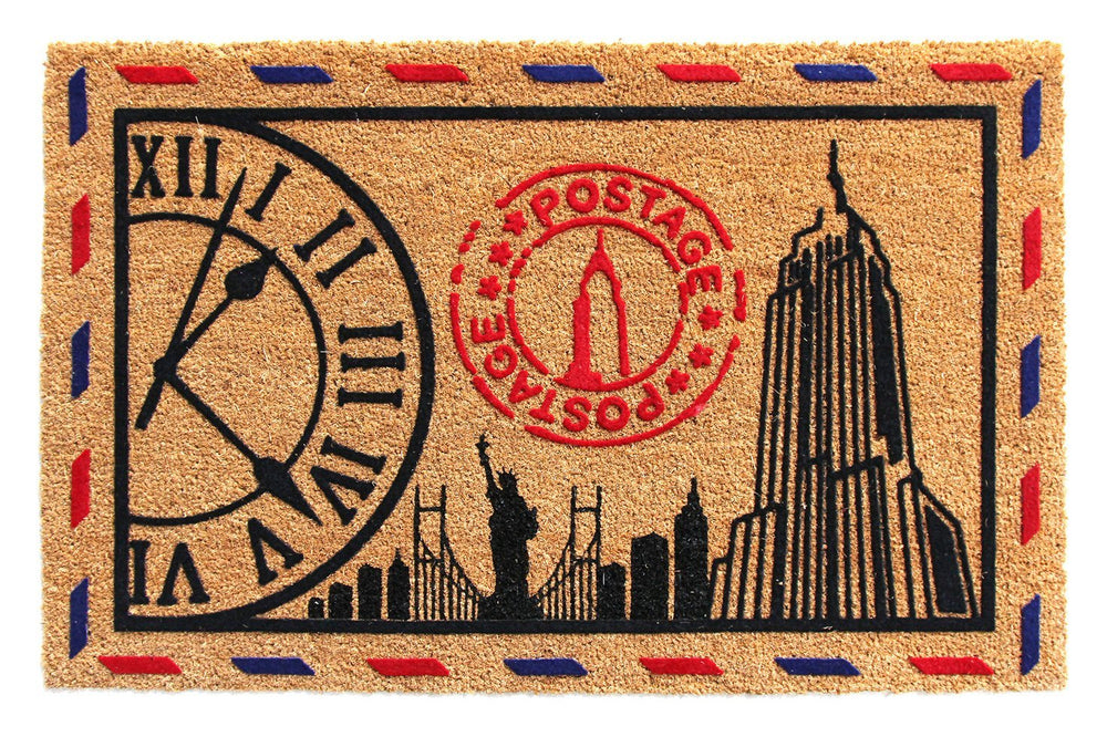 A rectangular beige doormat with a postage stamp design featuring a large clock, a stamp with 'POSTAGE' and 'INSIDE' labels, and a silhouette of a cityscape.