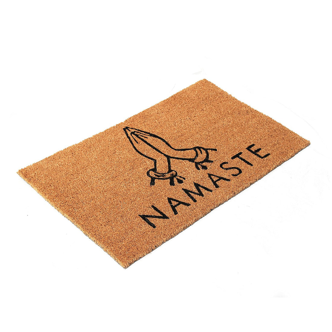A rectangular natural coir doormat with 'Namaste' written on it and a hand symbol drawn on the top. The doormat has a black and brown colour scheme.
