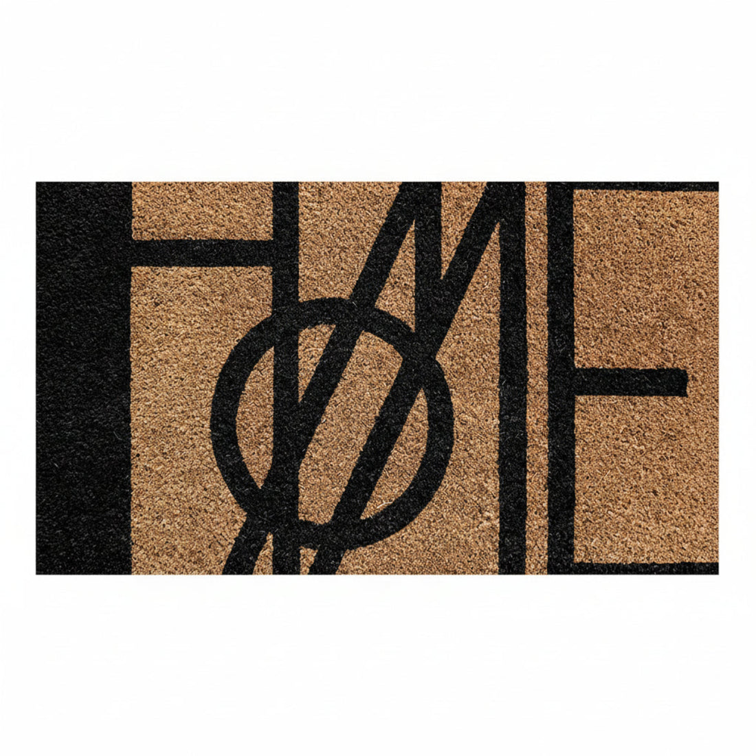 Rectangular coir doormat with the word 'HOME' printed in a large, black, capital letter design on a beige background with black edging.